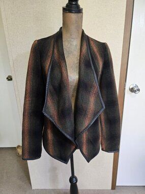BB Dakota Small Open Front Jacket Black Orange Striped Wool Blend Asymmetrical